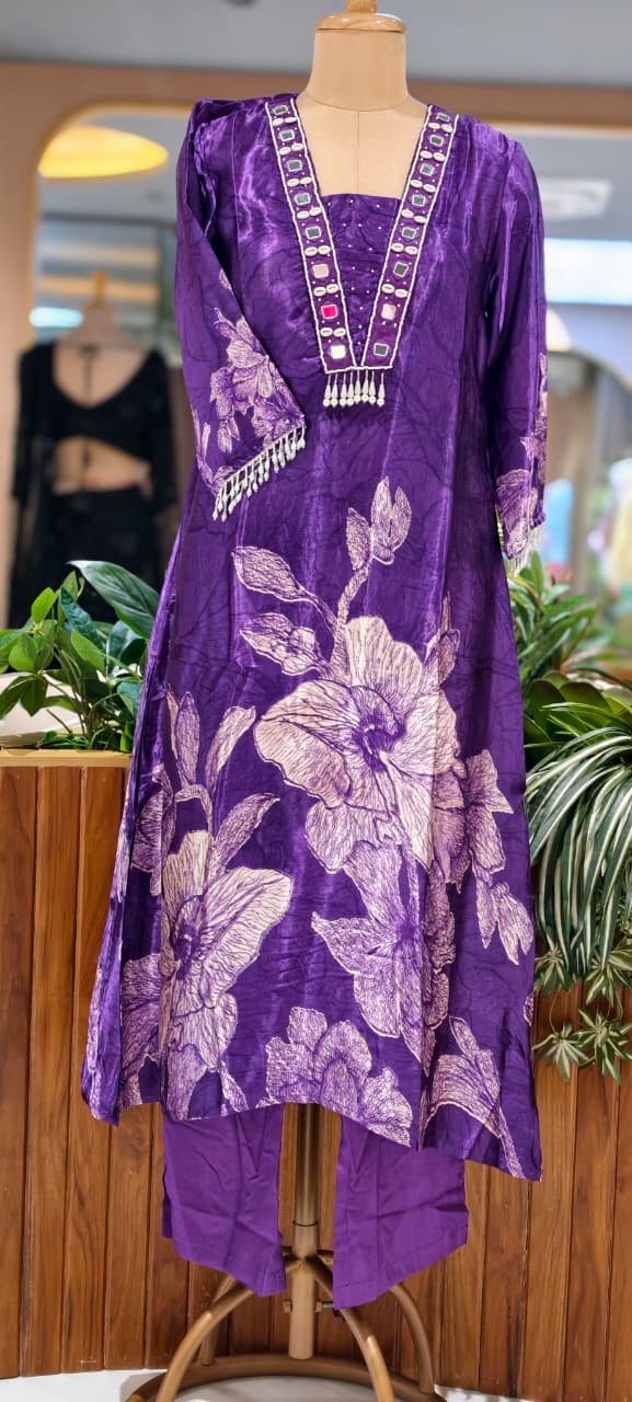 Flowy Gajji Silk Tassel Accent With Real Mirror & Kodi Detailing A-Line Kurta Pant Set- 15620