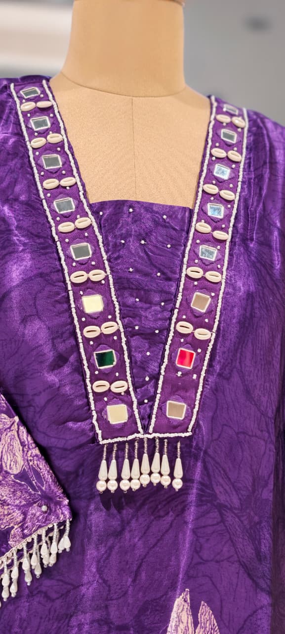 Flowy Gajji Silk Tassel Accent With Real Mirror & Kodi Detailing A-Line Kurta Pant Set- 15620