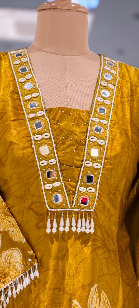 Flowy Gajji Silk Tassel Accent With Real Mirror & Kodi Detailing A-Line Kurta Pant Set- 15620