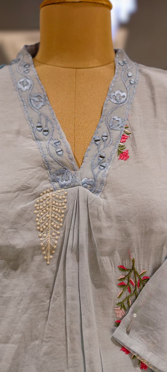 Fine Intricate Floral Embroidery Real Mirror Touch Pastel Shades Surat Mul-Chanderi A-Line Full Suit Set With Dupatta- 15679