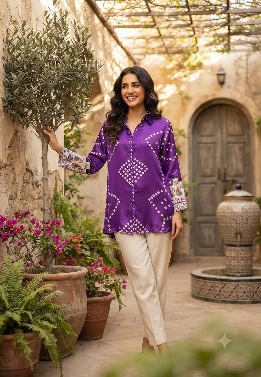 Bandhej With Mango Buti Prints On Sleeve Flowy Crepe Shirt- 15643