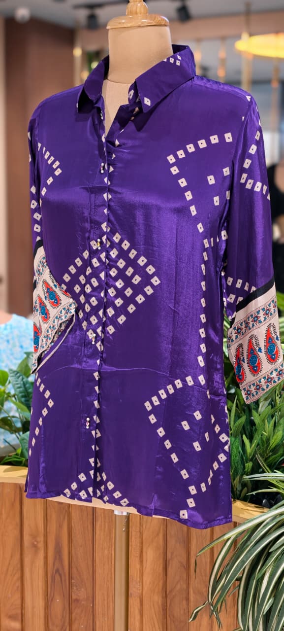 Bandhej With Mango Buti Prints On Sleeve Flowy Crepe Shirt- 15643
