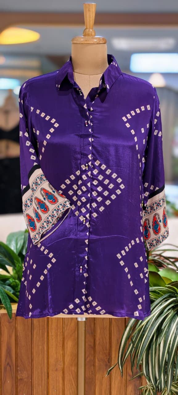 Bandhej With Mango Buti Prints On Sleeve Flowy Crepe Shirt- 15643