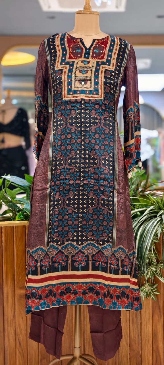 Bold Shades Ajrakh Print Real Mirror & Kodi Detailing Flowy Crepe A-Line Full Suit Set With Dupatta- 15264