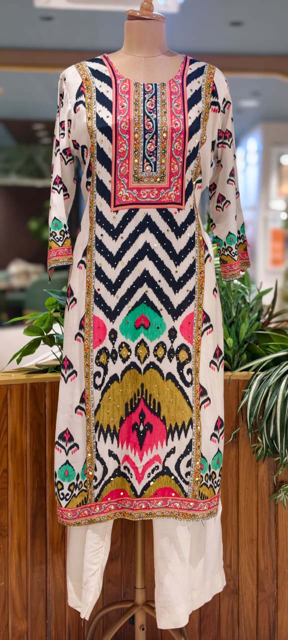 Multicolor Muslin Fabric Tribal Ikkat Motifs Straight Full Suit Set With Dupatta- 15740