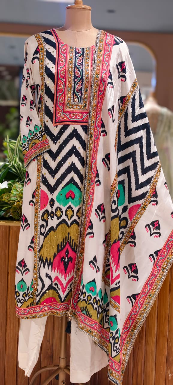 Multicolor Muslin Fabric Tribal Ikkat Motifs Straight Full Suit Set With Dupatta- 15740
