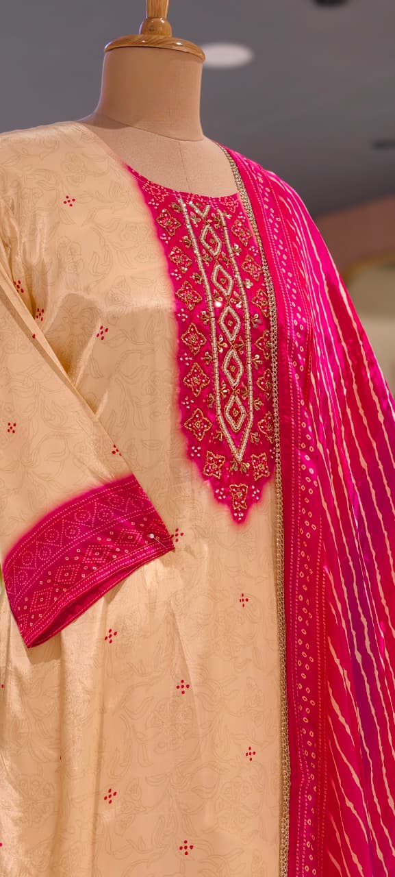 Vibrant Dual Tone Leheriya Bandhej Pure Crepe Full Suit Set With Dupatta- 15743