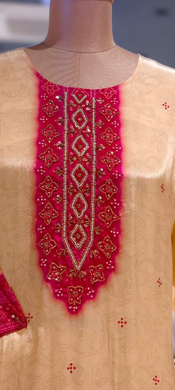 Vibrant Dual Tone Leheriya Bandhej Pure Crepe Full Suit Set With Dupatta- 15743