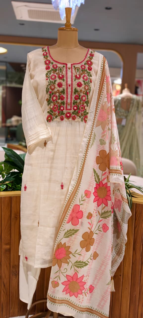 Crochet Floral Katha Embroidered Yoke Surat Mul-Chanderi Straight Full Suit Set With Dupatta- 15746
