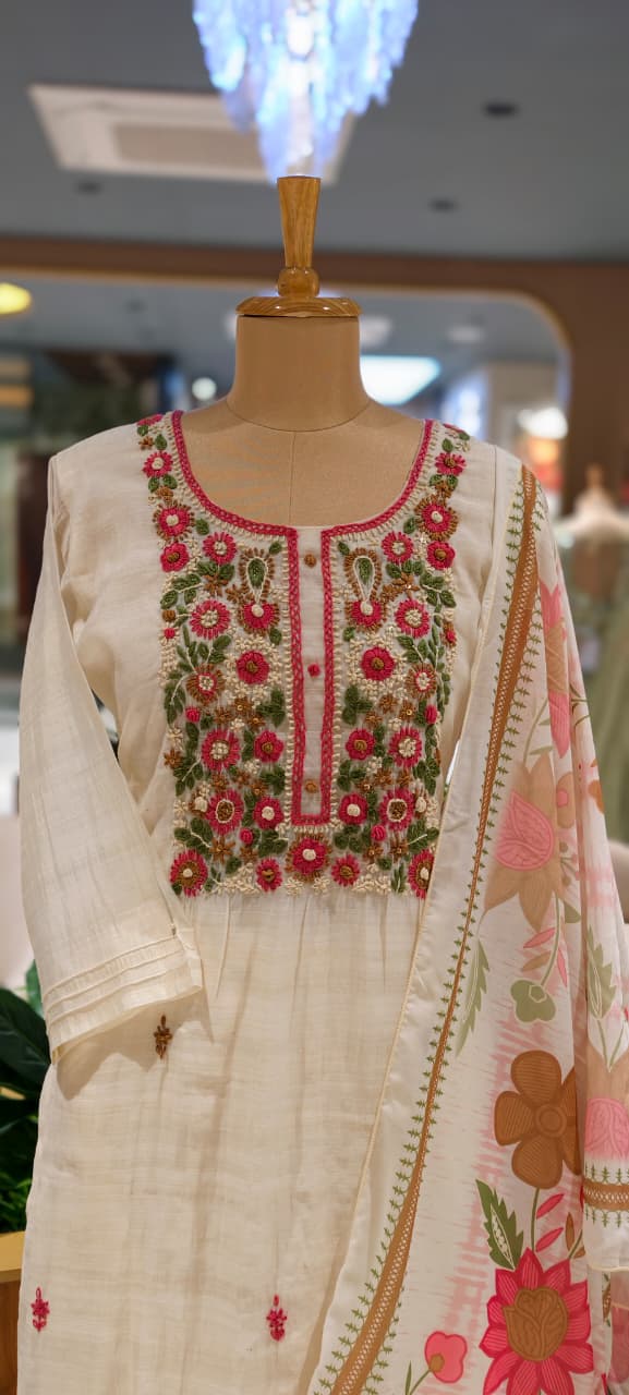 Crochet Floral Katha Embroidered Yoke Surat Mul-Chanderi Straight Full Suit Set With Dupatta- 15746