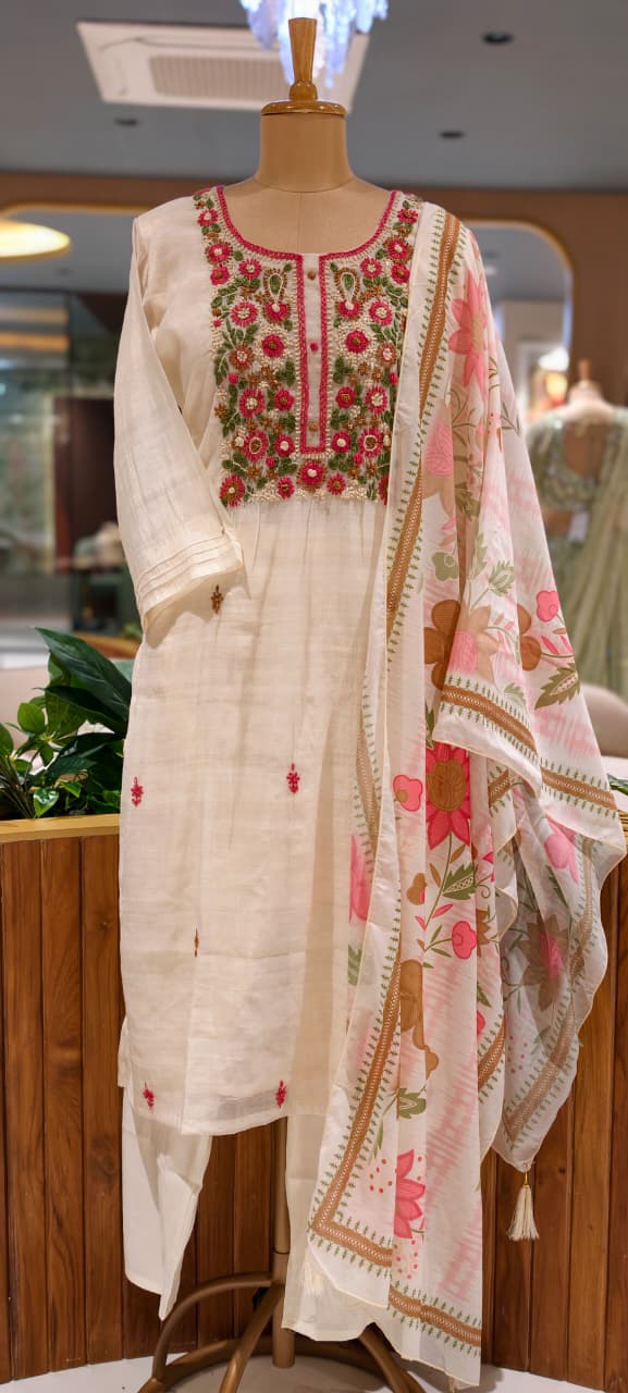 Crochet Floral Katha Embroidered Yoke Surat Mul-Chanderi Straight Full Suit Set With Dupatta- 15746
