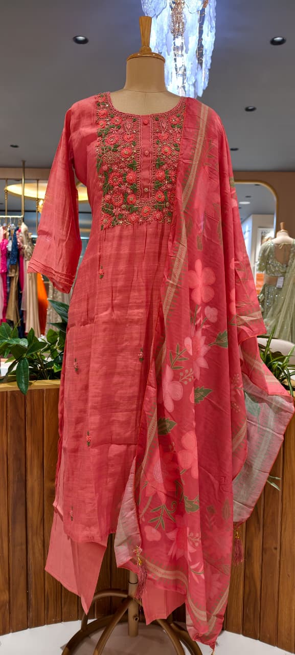 Crochet Floral Katha Embroidered Yoke Surat Mul-Chanderi Straight Full Suit Set With Dupatta- 15746