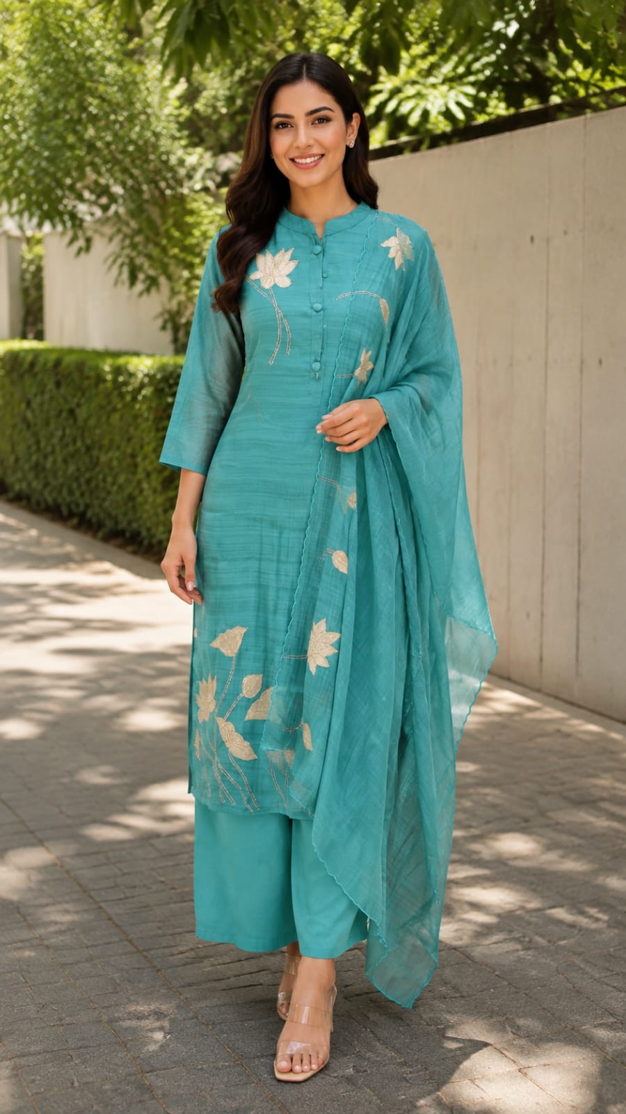 Elegant Floral Applique Smart Solid Surat Mul-Chanderi Full Suit Set With Dupatta- 15737