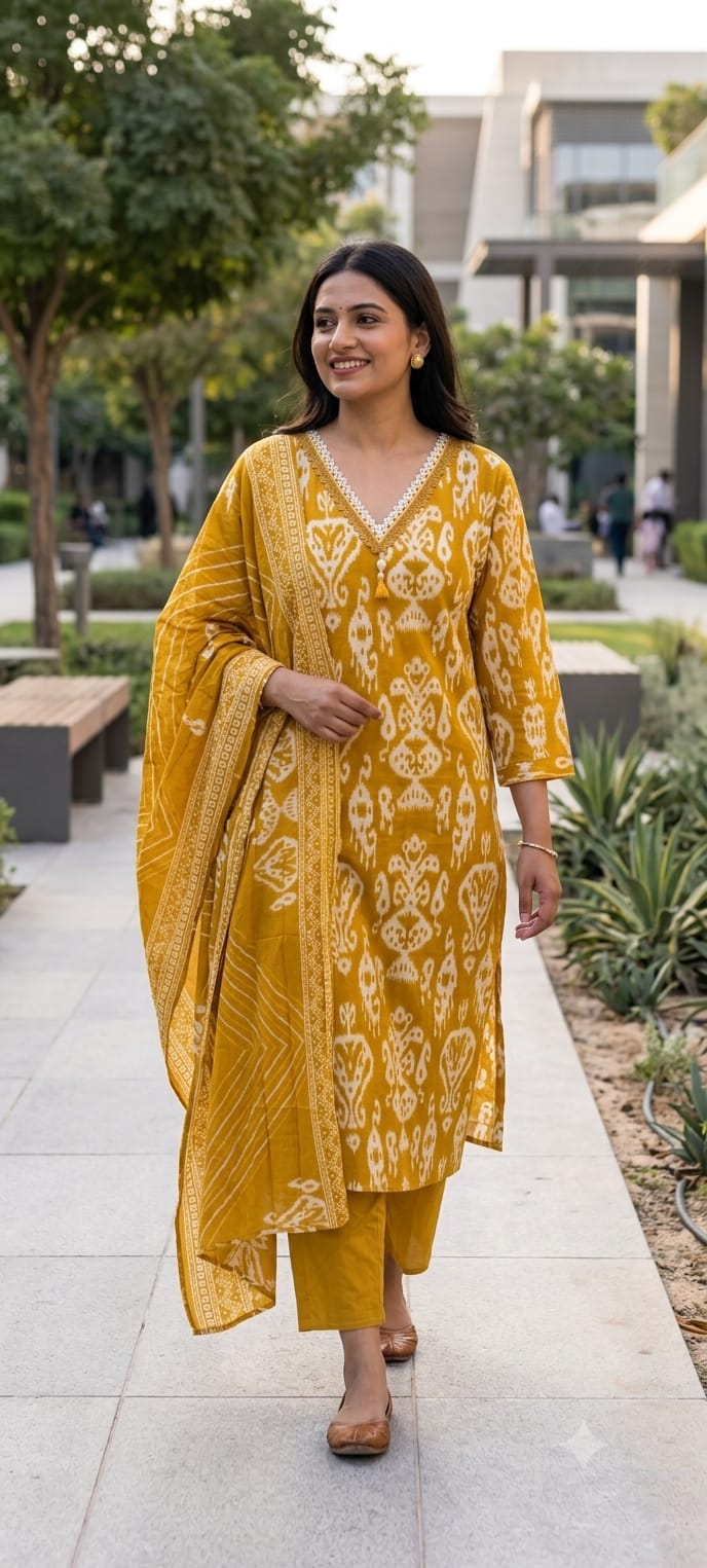 Lace Neckline Ikkat Print Breathable Cotton Full Suit Set With Dupatta- 15750