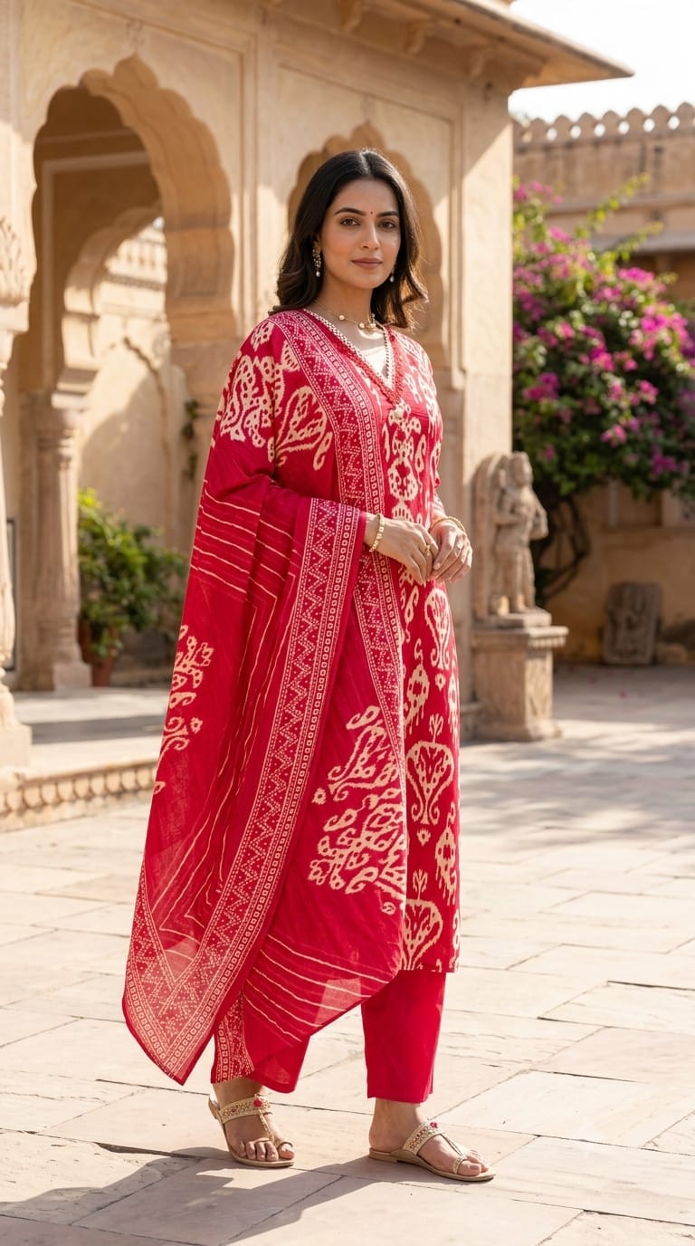 Lace Neckline Ikkat Print Breathable Cotton Full Suit Set With Dupatta- 15750