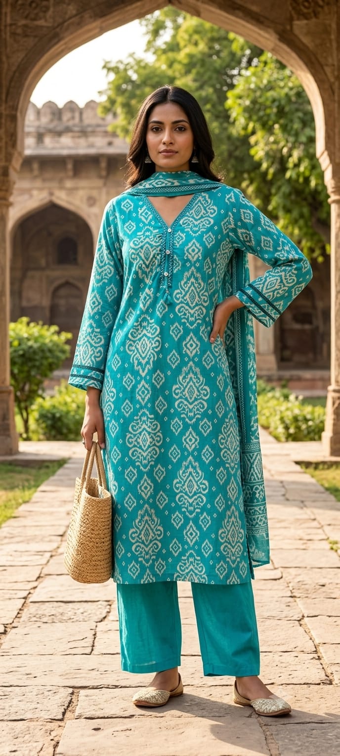 Ikkat Print Light Weight Cotton Full Suit Set With Dupatta With Minimal Neckline- 15749