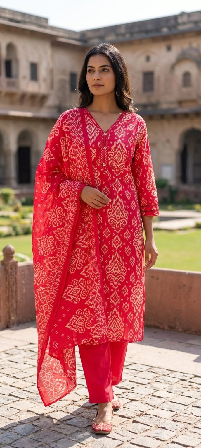 Ikkat Print Light Weight Cotton Full Suit Set With Dupatta With Minimal Neckline- 15749