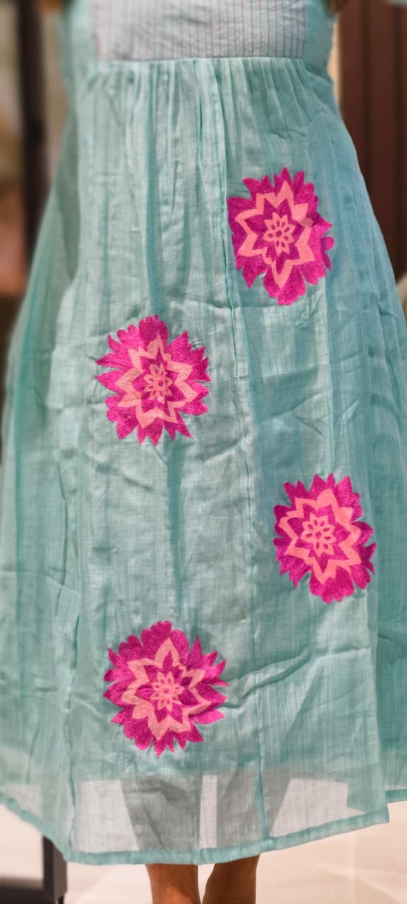 Floral Embroidered Pastel A-Line Mul Chanderi Frock with Pleat Details- 15128