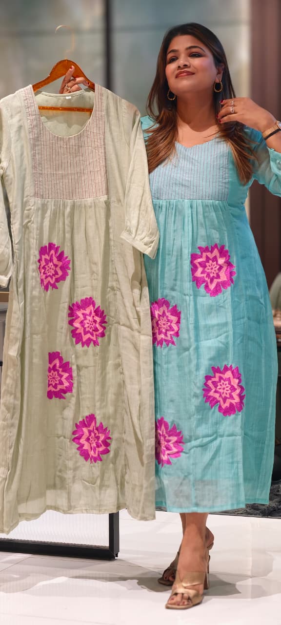 Floral Embroidered Pastel A-Line Mul Chanderi Frock with Pleat Details- 15128