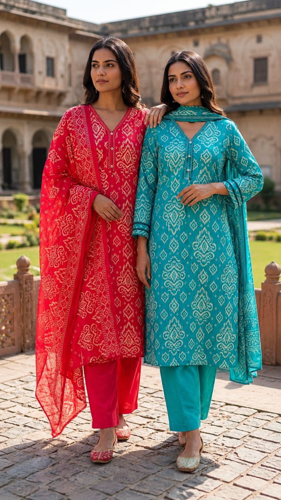 Ikkat Print Light Weight Cotton Full Suit Set With Dupatta With Minimal Neckline- 15749