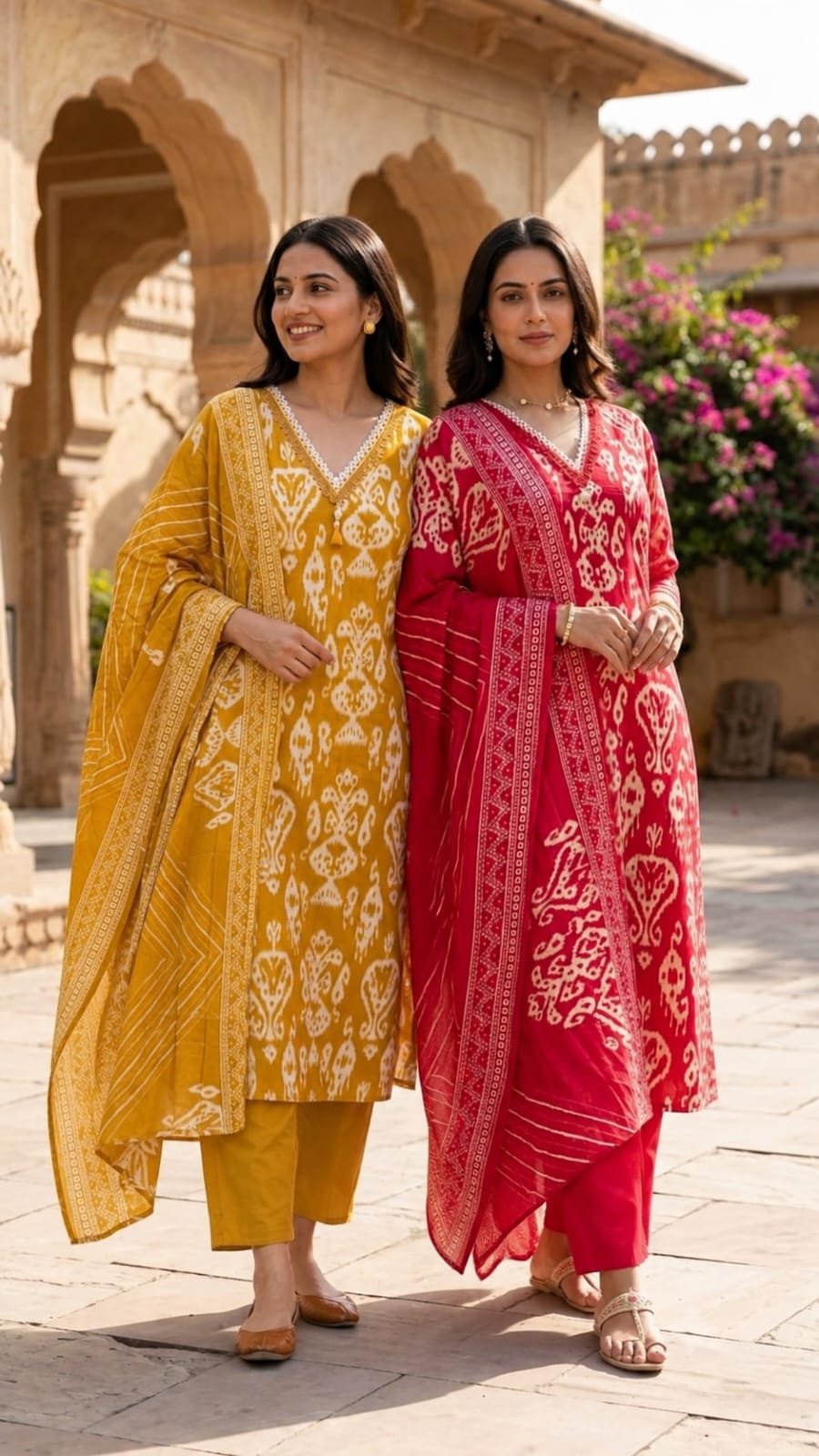 Lace Neckline Ikkat Print Breathable Cotton Full Suit Set With Dupatta- 15750