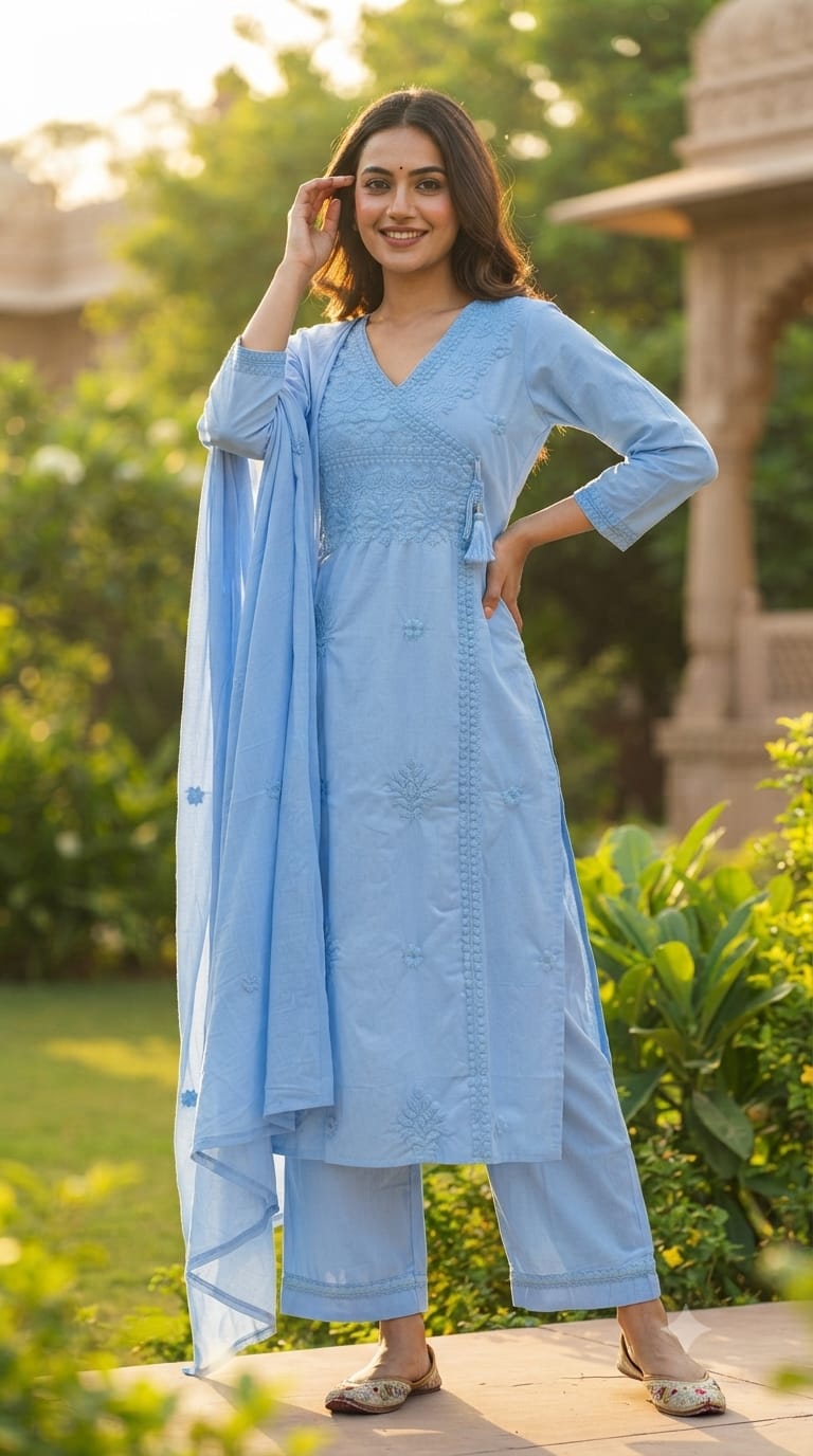 Royal Chikankari Angrakha Pattern Cotton Full Suit Set With Dupatta- 15648