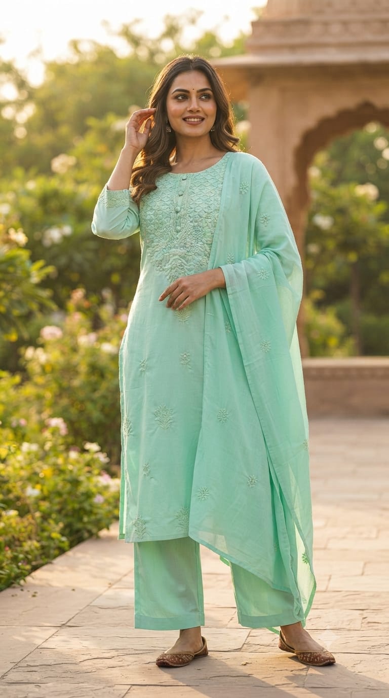Chikankari Thread Embroidered Yoke Cotton Straight Full Suit Set With Dupatta- 15649