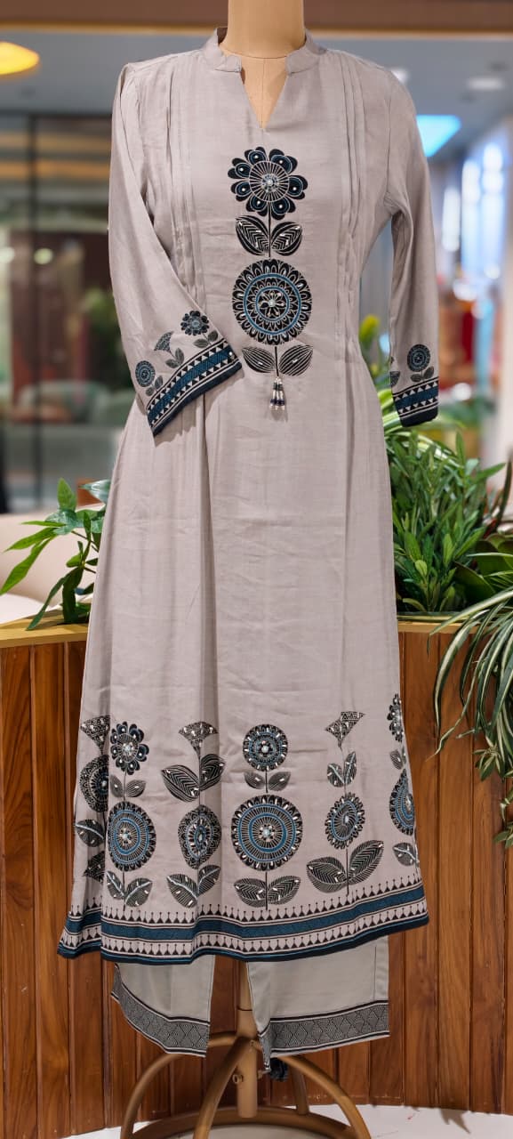 Earthy Bloom Floral Print A-Line Full Suit Set With Dupatta In Surat Mul-Chanderi Fabric- 15728