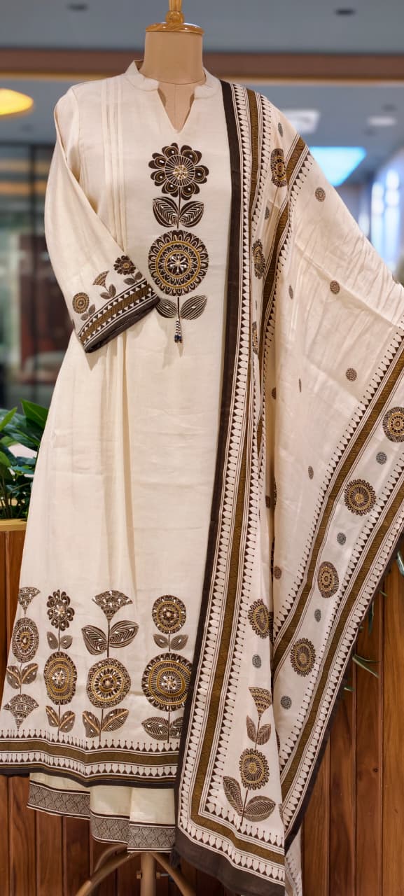 Earthy Bloom Floral Print A-Line Full Suit Set With Dupatta In Surat Mul-Chanderi Fabric- 15728