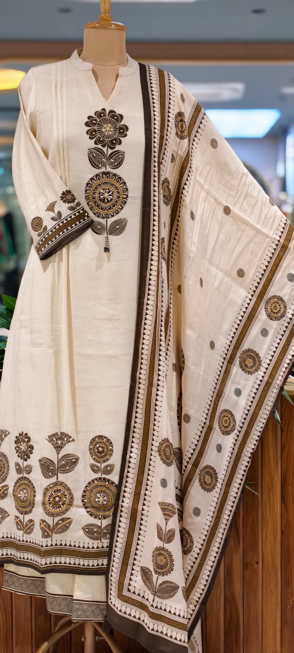 Earthy Bloom Floral Print A-Line Full Suit Set With Dupatta In Surat Mul-Chanderi Fabric- 15728
