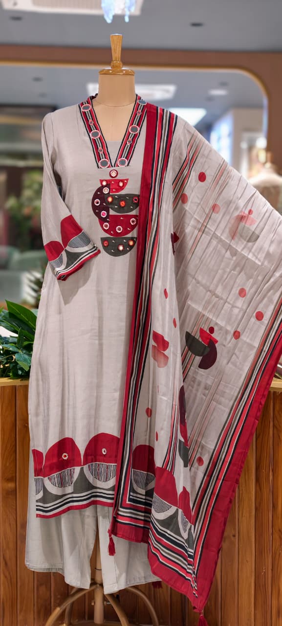 Beige & Grey Accent Geometric Print with Mirror Work Full Suit Set With Dupatta- 15730