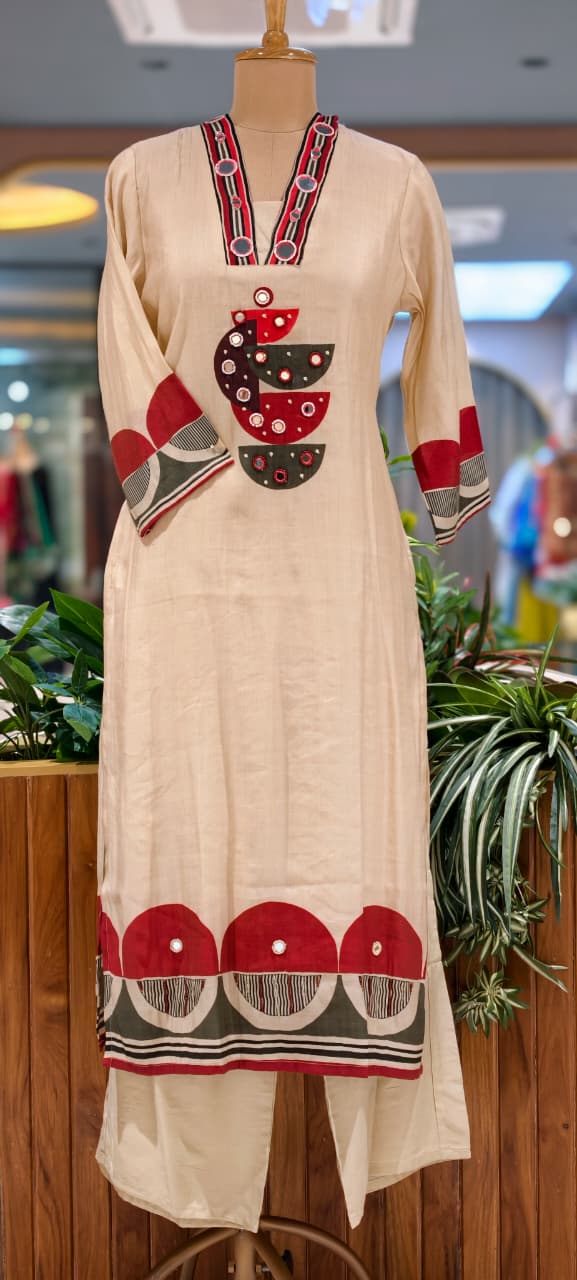 Beige & Grey Accent Geometric Print with Mirror Work Full Suit Set With Dupatta- 15730