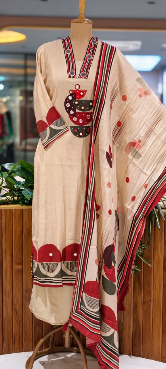 Beige & Grey Accent Geometric Print with Mirror Work Full Suit Set With Dupatta- 15730