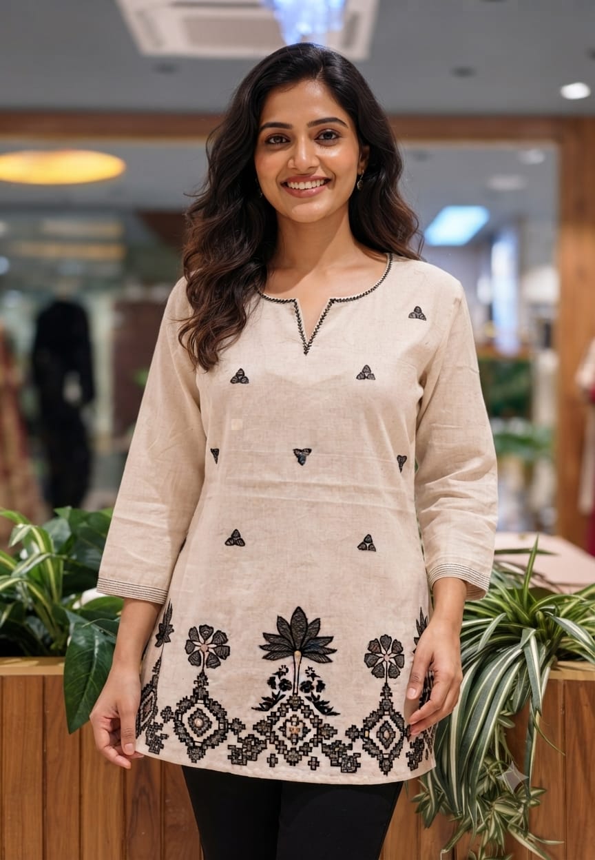 Urban Gypsy Loom Thread Embroidered Cotton Short Kurti Only- 15722