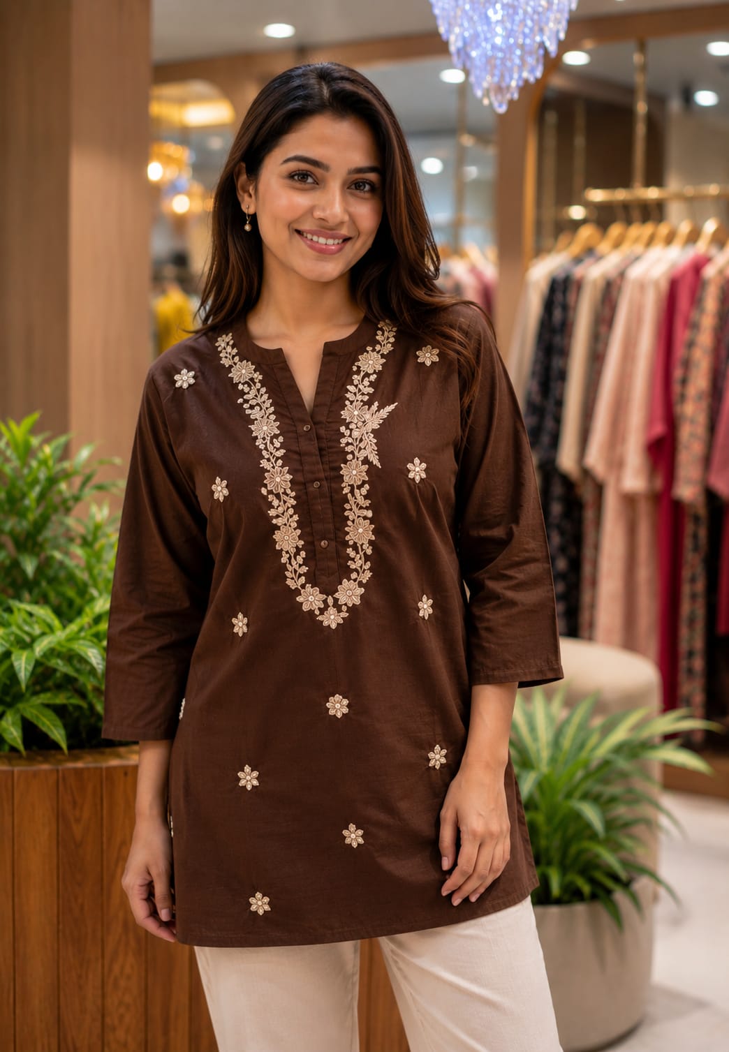 Threadscape Bird & Floral Embroidered Cotton Short Kurti Only- 15718