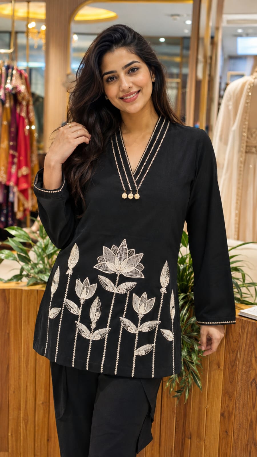 The Loom & Leaf Artistic Embroidered V-Neck Cotton Short Kurti- 15719