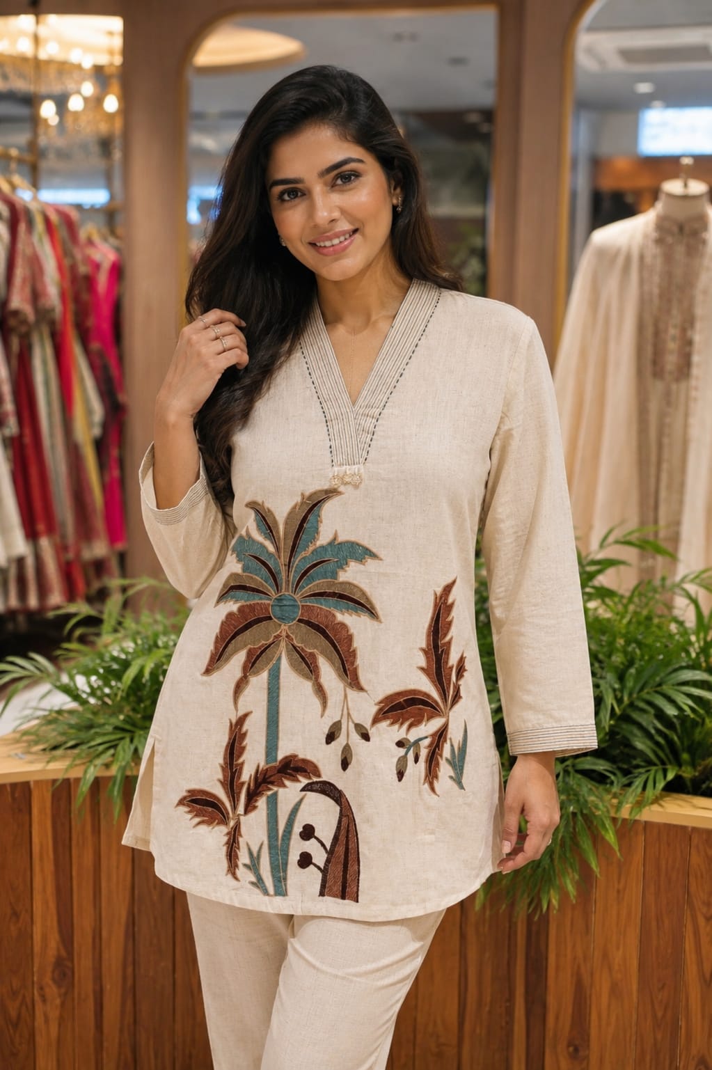 The Loom & Leaf Artistic Embroidered V-Neck Cotton Short Kurti- 15719