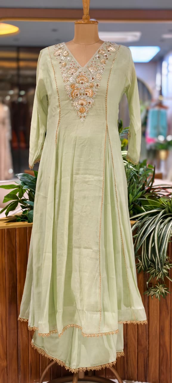 Elegant Intricate Embroidery Golden Lace Touch Mul-Chanderi A-Line Full Suit Set With Dupatta- 15791