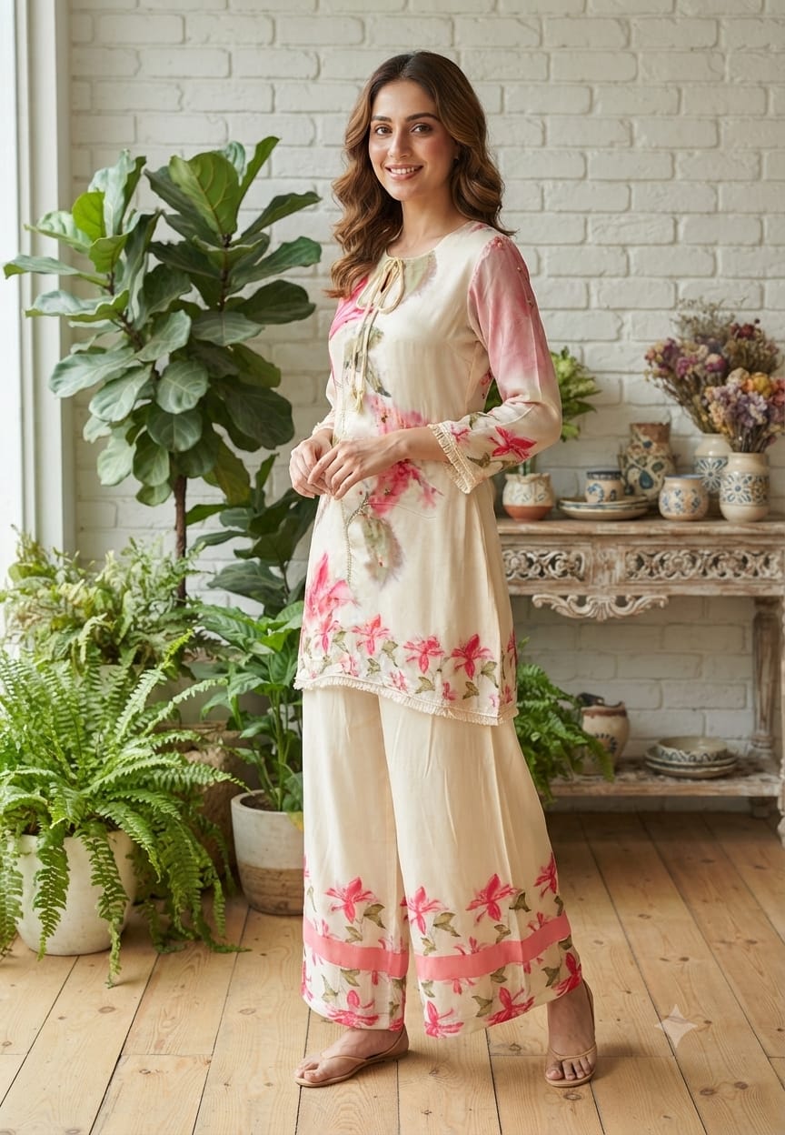 Beautiful Elegant Digital Floral Printed Flowy Pure Crepe Co-Ord Set- 15556