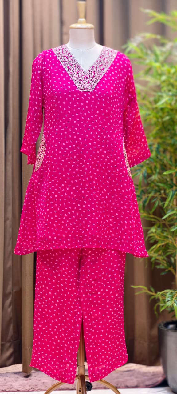 Bandhani Print Elegant Machine Embroidered Neckline Side Pockets Georgette Co-Ord Set- 15481