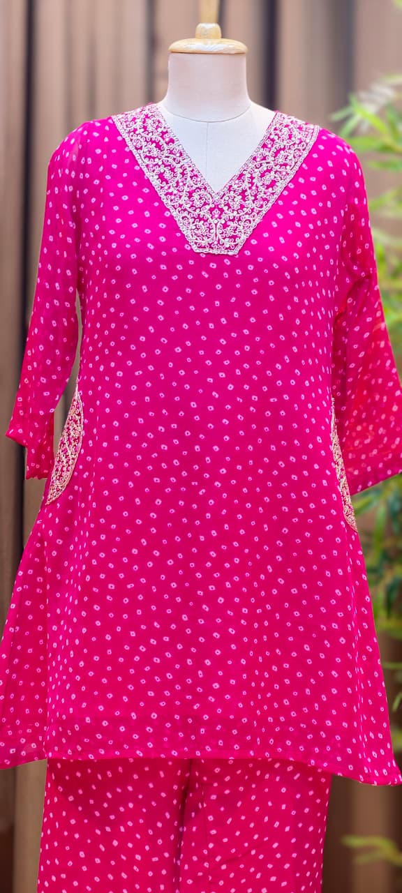 Bandhani Print Elegant Machine Embroidered Neckline Side Pockets Georgette Co-Ord Set- 15481