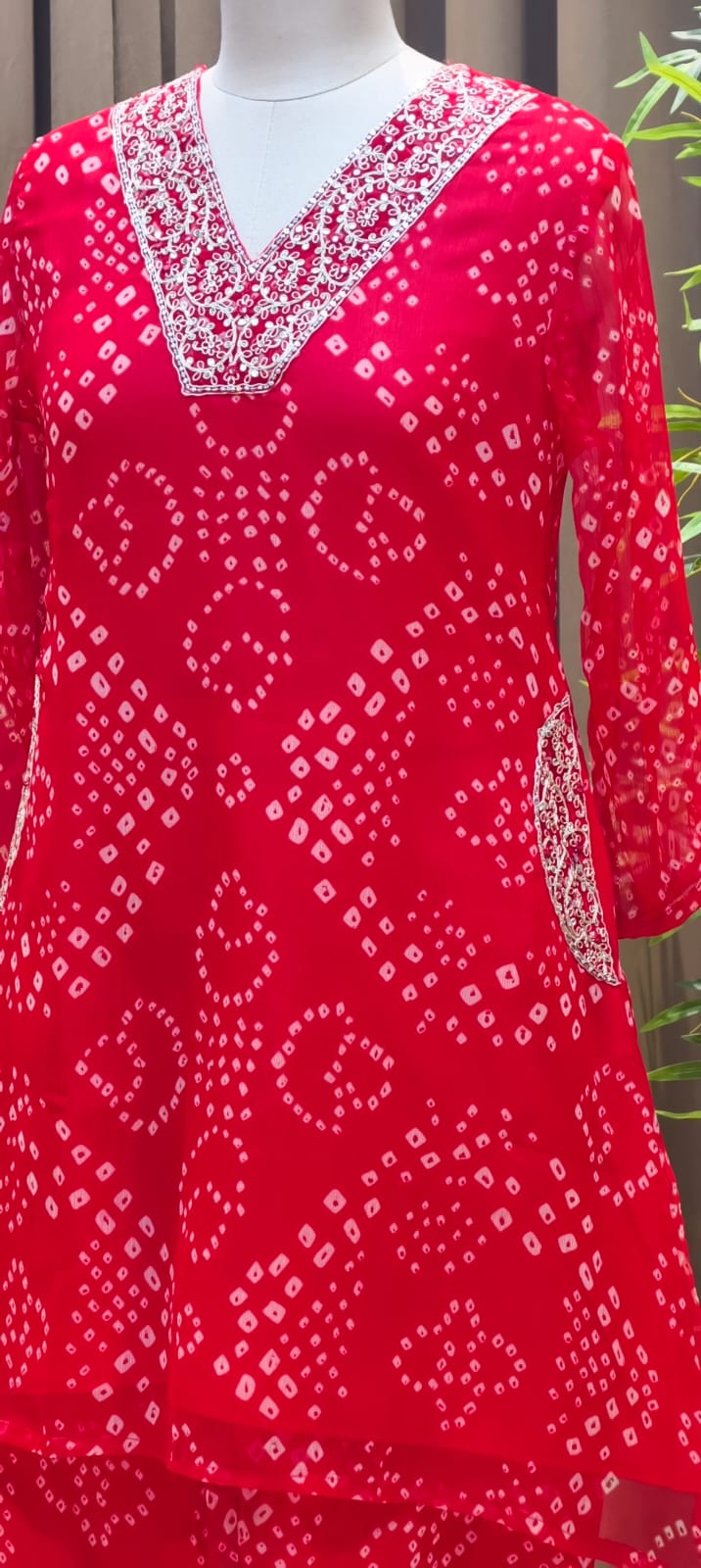 Beautiful Machine Zari Embroidered Bandhej Print Chinon Co-Ord Set- 15481