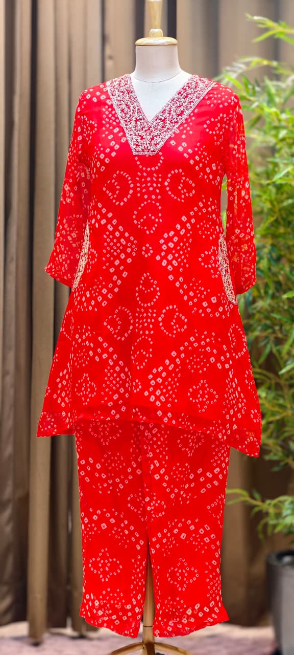 Beautiful Machine Zari Embroidered Bandhej Print Chinon Co-Ord Set- 15481