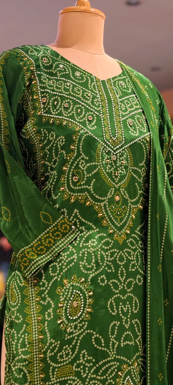 Classic Bottle Green All-Over Ethnic Bandhej Prints Full Suit Set With Dupatta & Loose Palazzo Bottom In Crepe Fabric- 15735