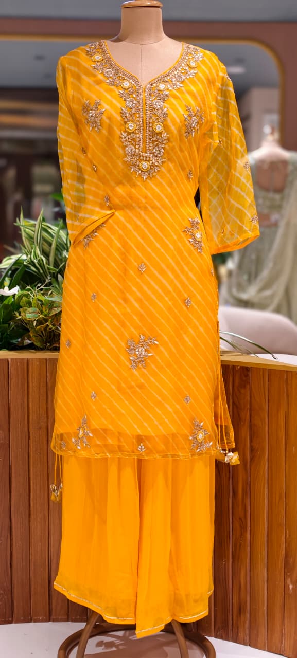 Elegant Yellow Embroidered Intricate Floral Neckline Delicate Handwork Kurti with Flared Palazzo Bottom & Dupatta In Pure Organza Fabric- 15769 -