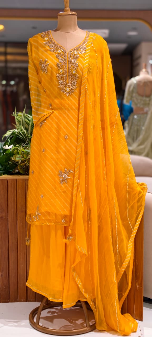 Elegant Yellow Embroidered Intricate Floral Neckline Delicate Handwork Kurti with Flared Palazzo Bottom & Dupatta In Pure Organza Fabric- 15769 -