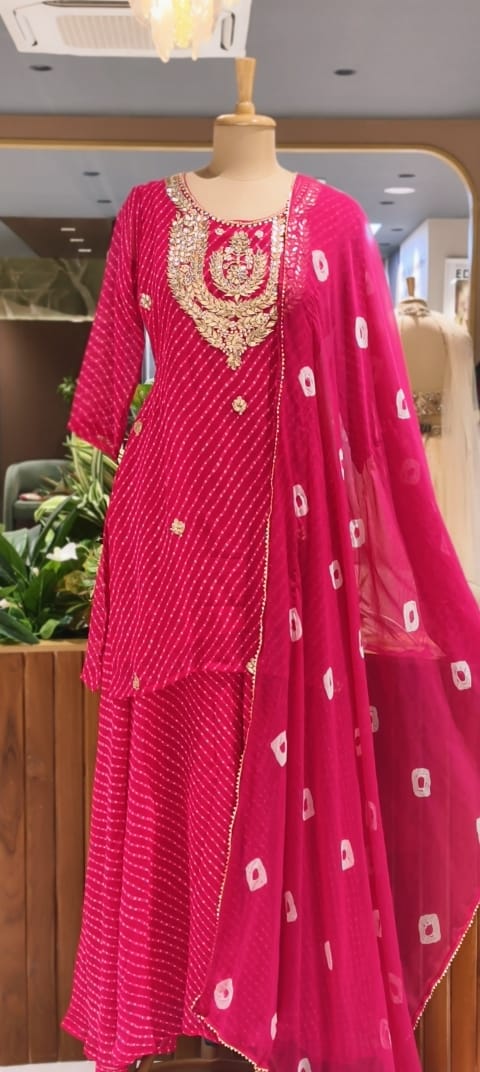 Gotta Leafy Embroidered Festive Leheriya Loose Palazzo Full Suit Set With Dupatta In Georgette Fabric- 15710