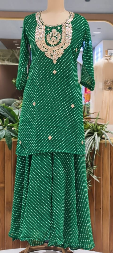 Gotta Leafy Embroidered Festive Leheriya Loose Palazzo Full Suit Set With Dupatta In Georgette Fabric- 15710