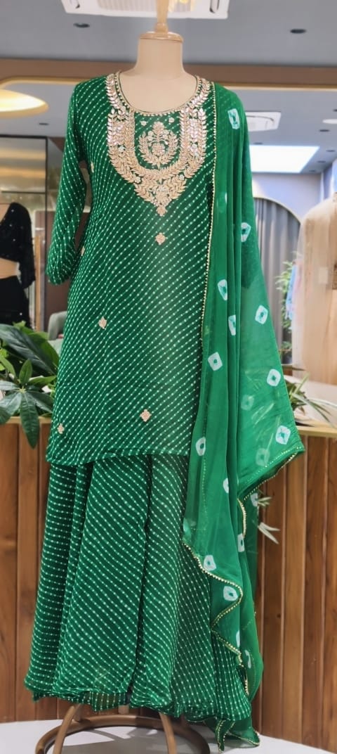 Gotta Leafy Embroidered Festive Leheriya Loose Palazzo Full Suit Set With Dupatta In Georgette Fabric- 15710