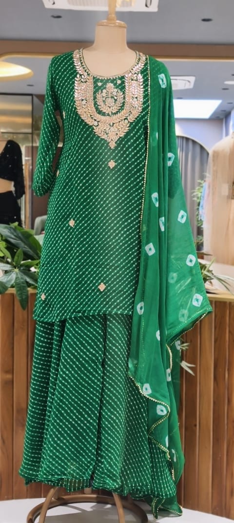 Gotta Leafy Embroidered Festive Leheriya Loose Palazzo Full Suit Set With Dupatta In Georgette Fabric- 15710